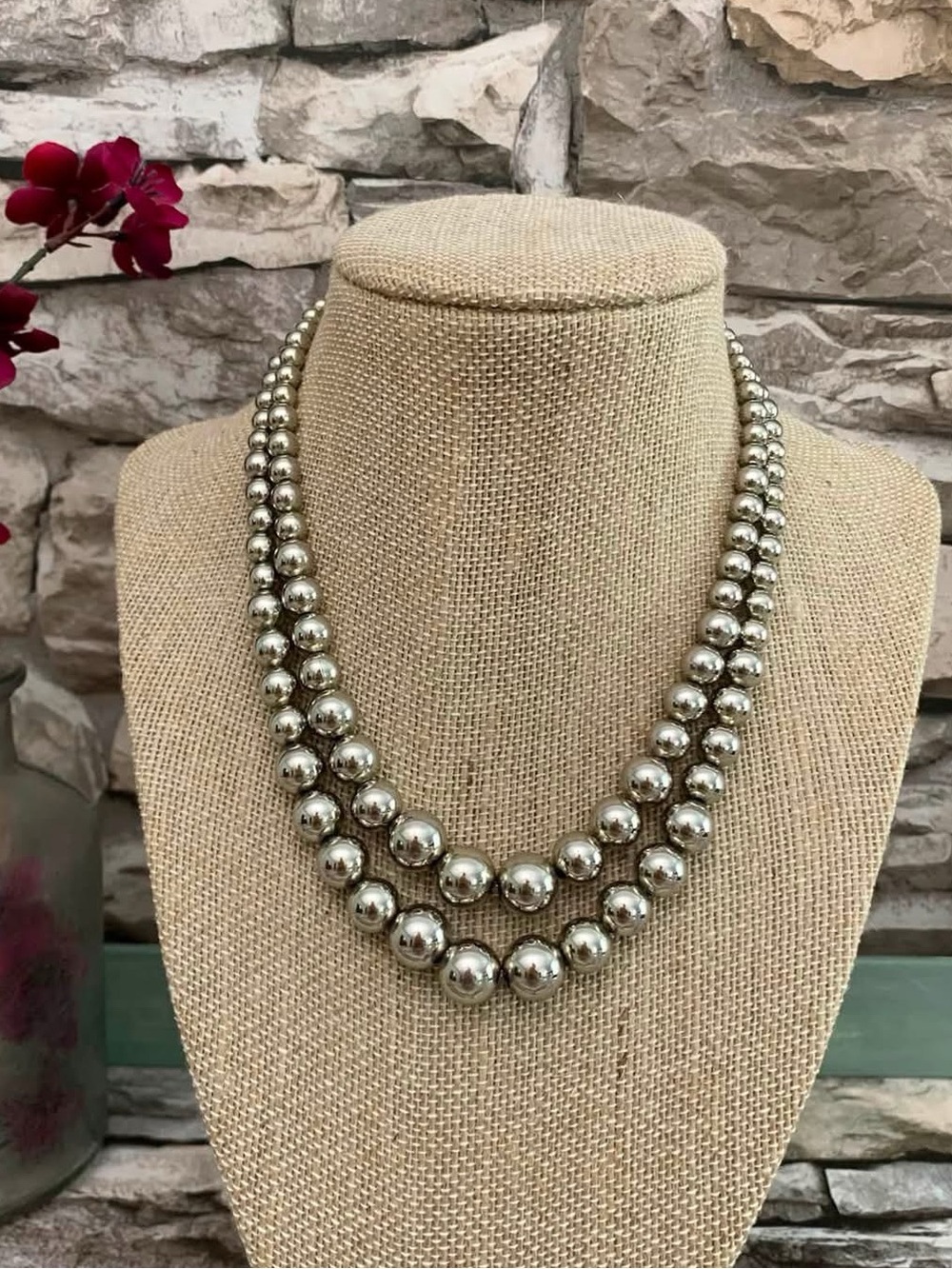 Vintage Signed Monet Graduated Beads Silver Bauble Balls Double Strand Necklace